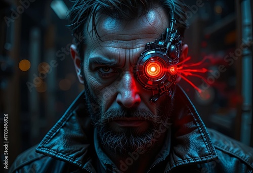 Intense stare of a bearded man with glowing red laser eye