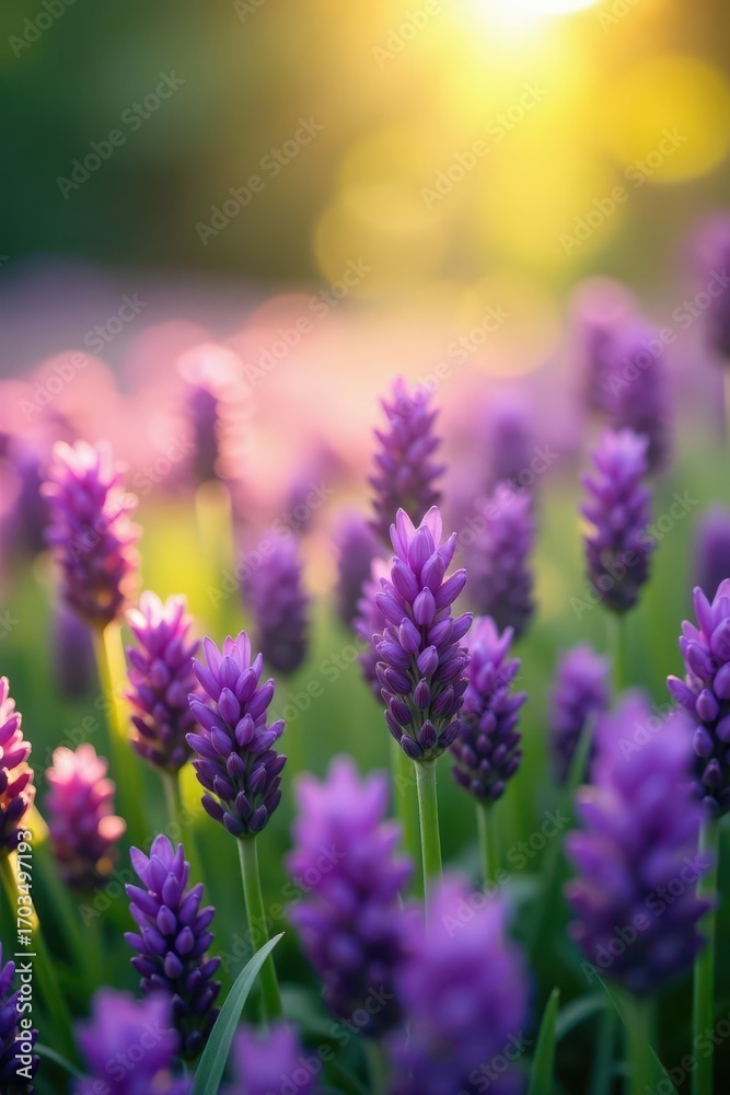 Obraz premium Sea of purple flowers, sunny meadow, close-up, detail, scenery