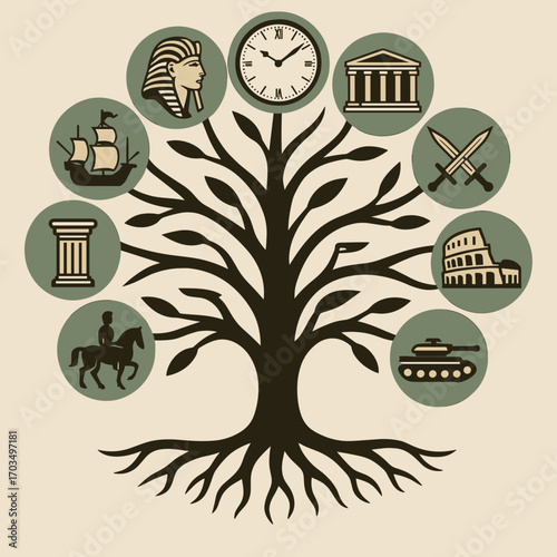 Symbolic tree depicting history with icons of ancient civilizations and time