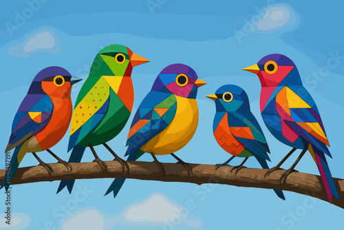 Colorful birds sitting on a branch against a blue sky with clouds