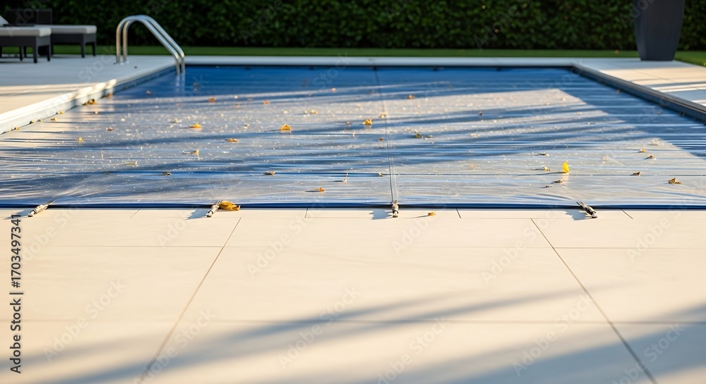 Obraz premium Residential swimming pool with a protective cover on a sunny backyard patio.