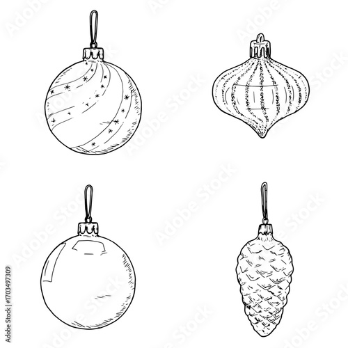 Christmas tree toys and balls of different shapes, sketch. Vector illustration. Set of silhouettes isolated on a white background. New Year's theme, for printing on postcards, packaging, and textiles