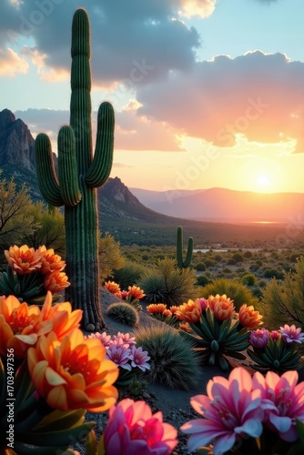 Towering saguaro, vibrant spring blooms, desert sunrise, desert landscape, vista, desert