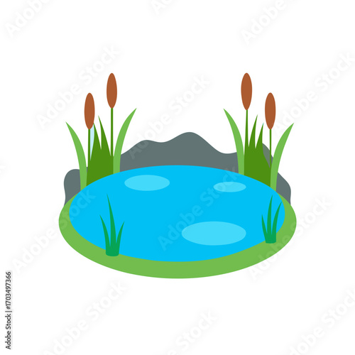 Cartoon pond with reeds and gray rocks view on transparent background