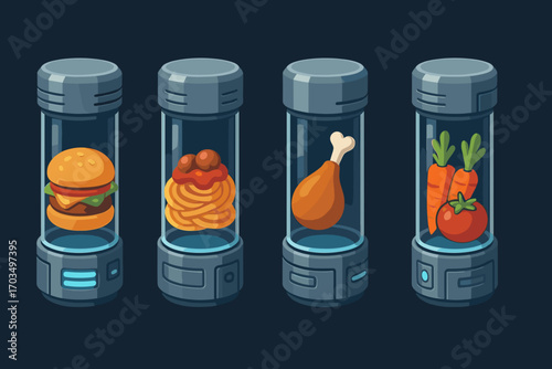 Futuristic food containers displaying a hamburger, spaghetti, chicken leg, and carrots