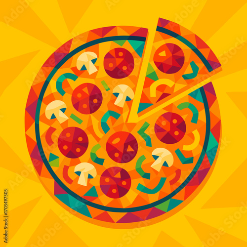 Vibrant geometric pizza with toppings and a slice taken out against a sunny background