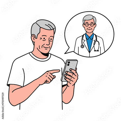 Concept of telemedicine with a senior man using a smartphone application for a remote video consultation with his doctor