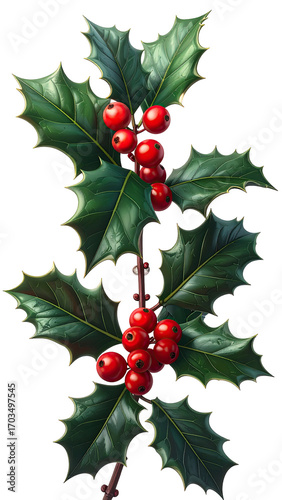 Detailed illustration of holly sprigs with vibrant red berries.  Dark green leaves have a slightly textured appearance,  and the berries cluster closely together.  A gold outline highlights the leaves