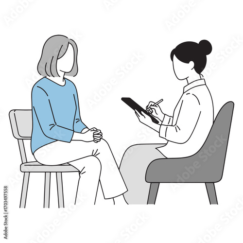 Illustration of a clinical psychologist listening to a patient during a private therapy consultation session
