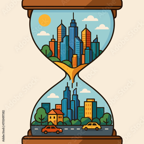 Urban landscape inside an hourglass with a city skyline, trees, and cars in a colorful design