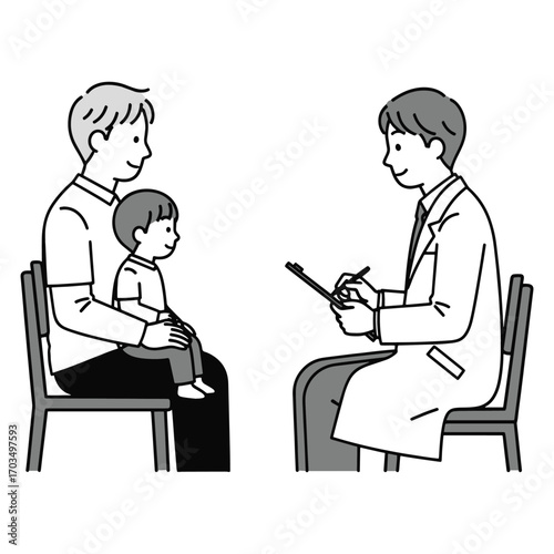 Pediatric healthcare concept showing a male doctor providing a medical consultation to a father holding his young child in a clinic