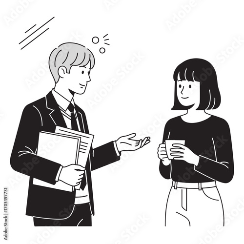 Minimalist line art illustration of a businessman and a woman colleague having a friendly discussion during a work break