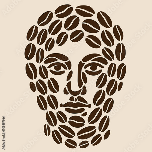 Stylized face made of coffee beans in a creative and artistic design