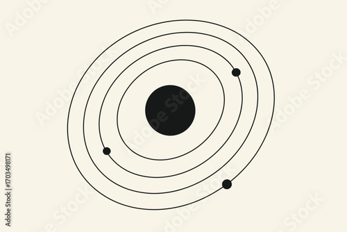 Minimalist representation of planetary orbits around a central black circle in a simple design