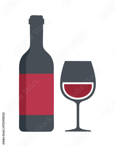 Wine Bottle with Red Label and Glass of Red Wine Keywords: wine, bottle, glass, red wine, drink