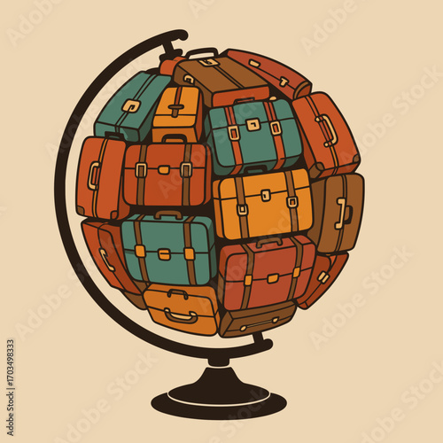 Globe made of colorful suitcases representing travel and adventure in a playful design