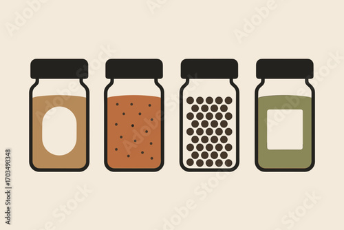 Minimalist jars of spices and herbs in a simple and clean design