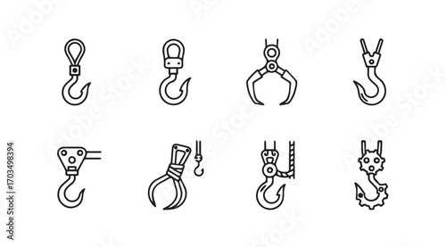 Collection of industrial lifting hooks and claws in silhouette style