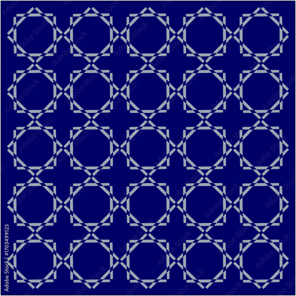 Fototapeta premium Silver-grey octagons interlock across a deep indigo canvas, weaving geometric symmetry and continuity into a seamless grid of rhythmic, endless harmony.