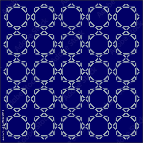 Silver-grey octagons interlock across a deep indigo canvas, weaving geometric symmetry and continuity into a seamless grid of rhythmic, endless harmony.