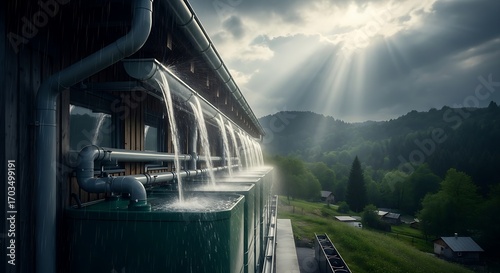 Harvesting rainwater cascading from roof in rural setting creates stunning natural resource concept