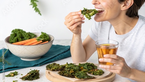 Crispy homemade veggie chips enjoyed by a woman in a cozy kitchen setting with a refreshing drink