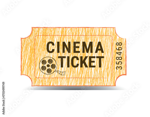 Hand Drawn Cinema Ticket Illustration, Pencil Style Movie Coupon Design