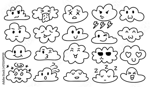 Cute Cloud Emoji Icon Set – Kawaii Doodle Hand Drawn Outline Cartoon with Angry, Happy, Love, Sleepy, Confused, Funny, Expression Faces for Sticker, Emoticon, Weather, Social Media