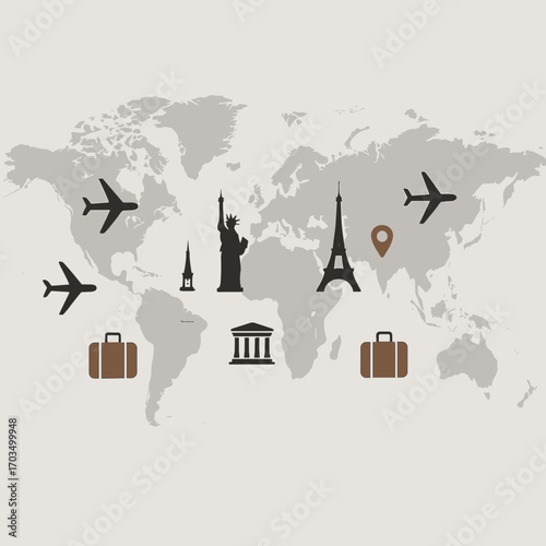 World map illustration featuring iconic landmarks, airplanes, and travel symbols