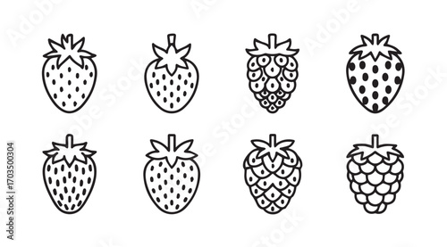 Collection of stylized strawberry and raspberry silhouettes with outline detail