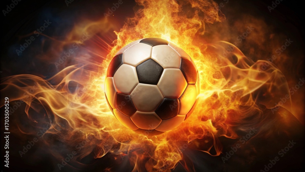 Naklejka premium Fiery Football A Dynamic Image of a Soccer Ball Enveloped in Blazing Flames, Representing Passion, Energy, and the Intense Competition of the Sport