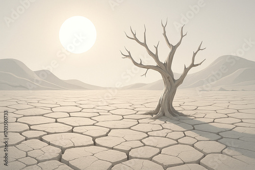 Barren Tree in Cracked Desert Under Hazy Sun - Climate Change and Drought Concept