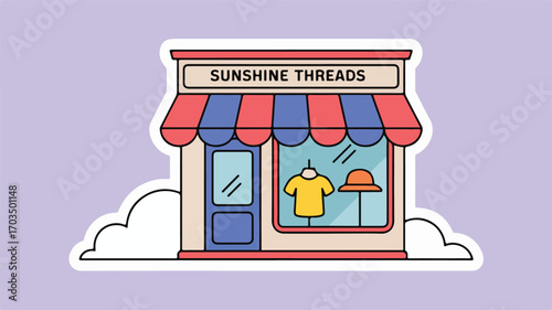 Cartoon Sticker of a Quaint Clothing Store Called Sunshine Threads with a Yellow T-shirt and Orange Hat Display