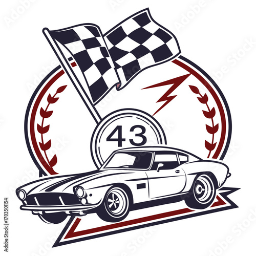 Vintage racing car emblem logo design with classic motorsport elements and bold typography