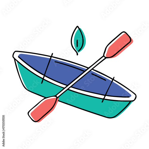 Colorful Illustration of a Teal and Blue Boat with Crossed Paddles and a Leaf, Symbolizing Nature and Adventure