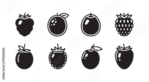 Collection of eight distinct fruit silhouettes in a clean minimalist style silhouette