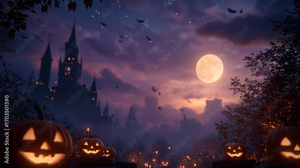 Fototapeta premium Mystic Halloween Night: Embrace the eerie magic of Halloween with a bewitching scene featuring illuminated jack-o'-lanterns, a full moon, and a mysterious castle under a twilight sky.