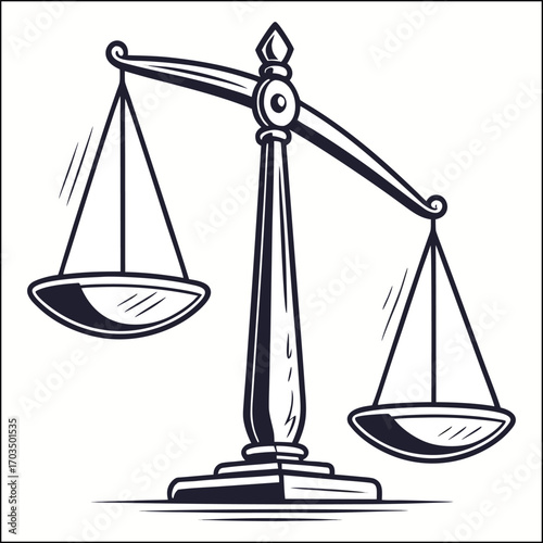 Vintage black and white illustration of balanced scales, justice concept. Vector illustration in sketch style