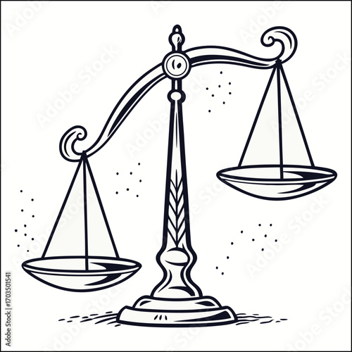 Vintage black and white illustration of balanced scales, justice concept. Vector illustration in sketch style