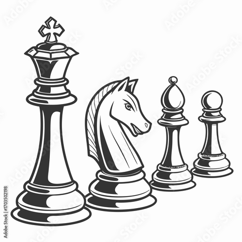 Classic black and white chess pieces collection for strategic games and design projects