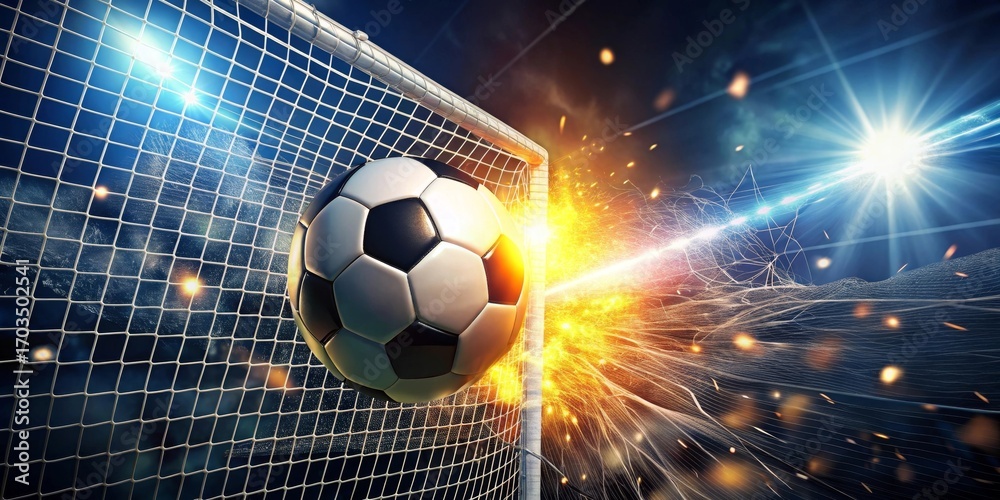 Fototapeta premium A Powerful Soccer Ball Exploding Through the Net During a Thrilling Match