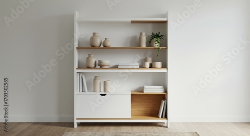 Clean geometric shelving with carefully arranged objects - ceramic vases, books, small plants, white and wood color scheme, Scandinavian design aesthetic, commercial home decor photography