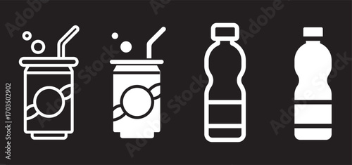 Water bottle icons. stroke line and black solid icons. Protein shake icon in black modern and lines. Soda icon set. soda can sign. for mobile concept and web design. vector illustration on white backg