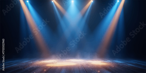 Blue spotlight shining on stage with dark theater background
