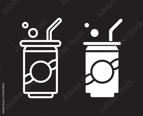 Water bottle icons. stroke line and black solid icons. Protein shake icon in black modern and lines. Soda icon set. soda can sign. for mobile concept and web design. vector illustration on white backg