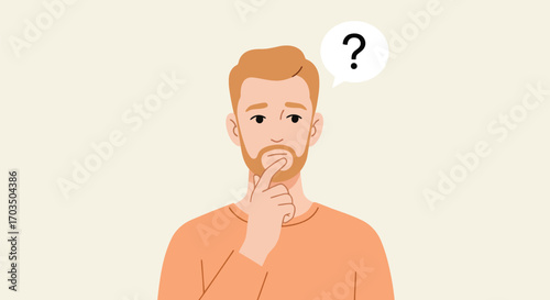 Confused man thinking about question mark doubt problem solving concept vector