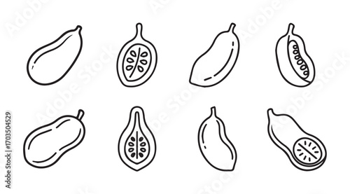 Collection of hand drawn outline illustrations of okra pods and slices silhouette