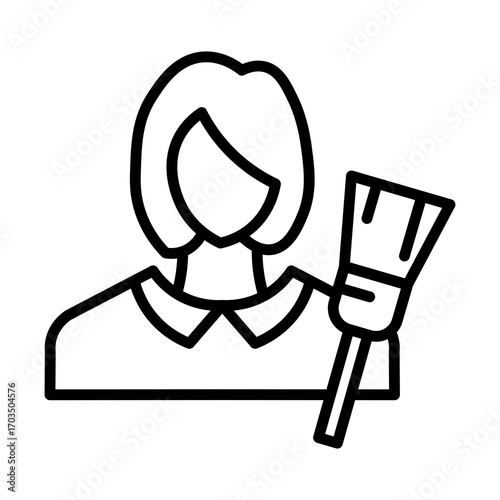 Cleaning Woman Icon with Broom, Isolated on White Background