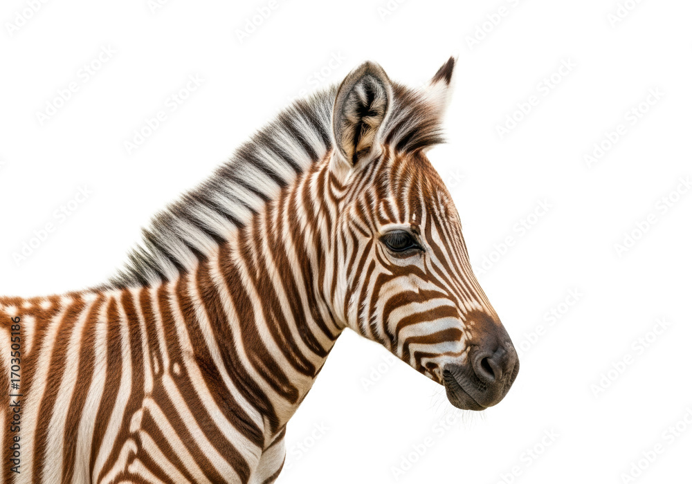 Young plains zebra foal, a few weeks old, fuzzy brown-beige striped coat, attentive ears, expressive eyes, on transparent studio background, soft high-key lighting, concept of natural beauty and