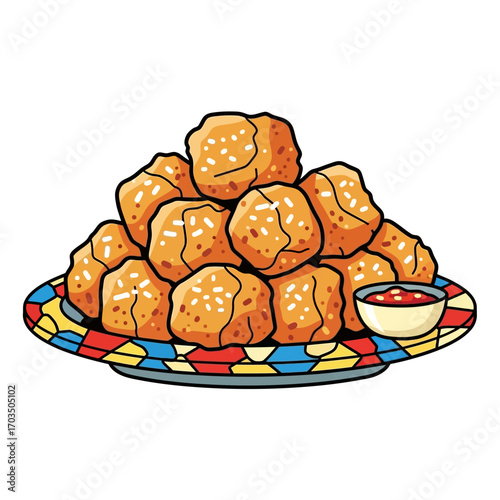 Crispy golden nuggets with sesame seeds and dipping sauce on a colorful plate